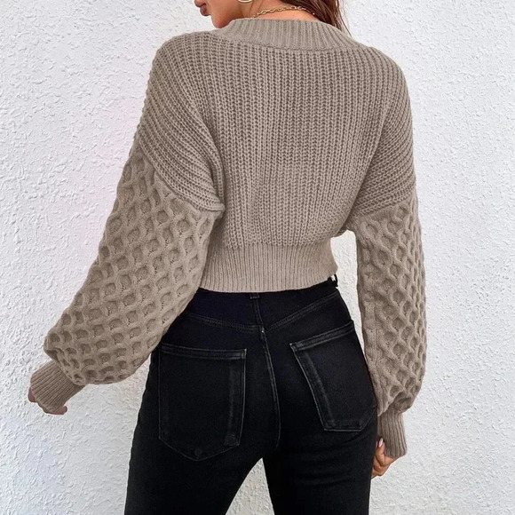 Khaki Casual Women's Cable Knit Drop Shoulder Cardigan - Picture 2 of 6